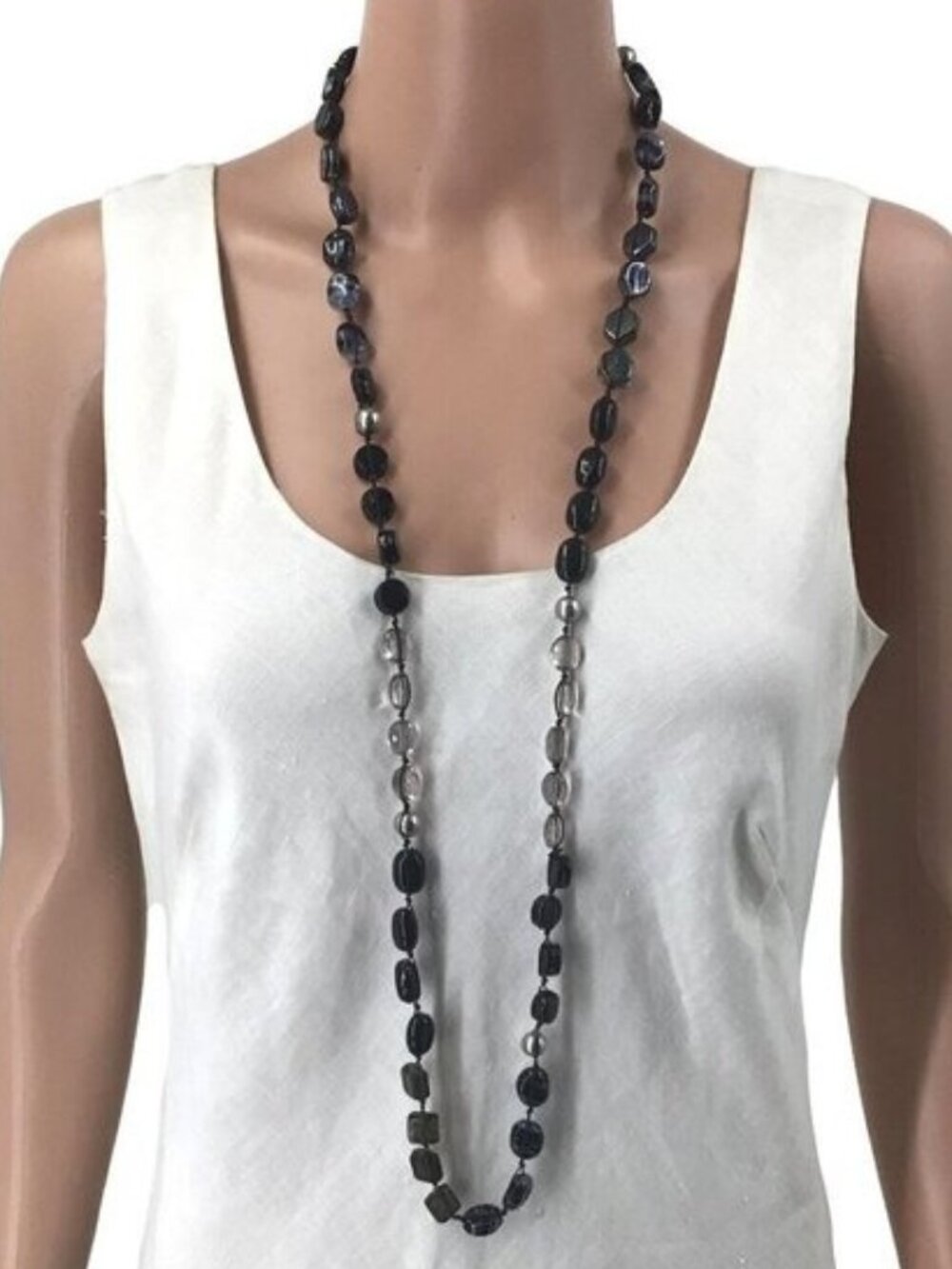 Long Necklace Mixed Beads Glass Acrylic Black Gray Silver Tones 40 Inch